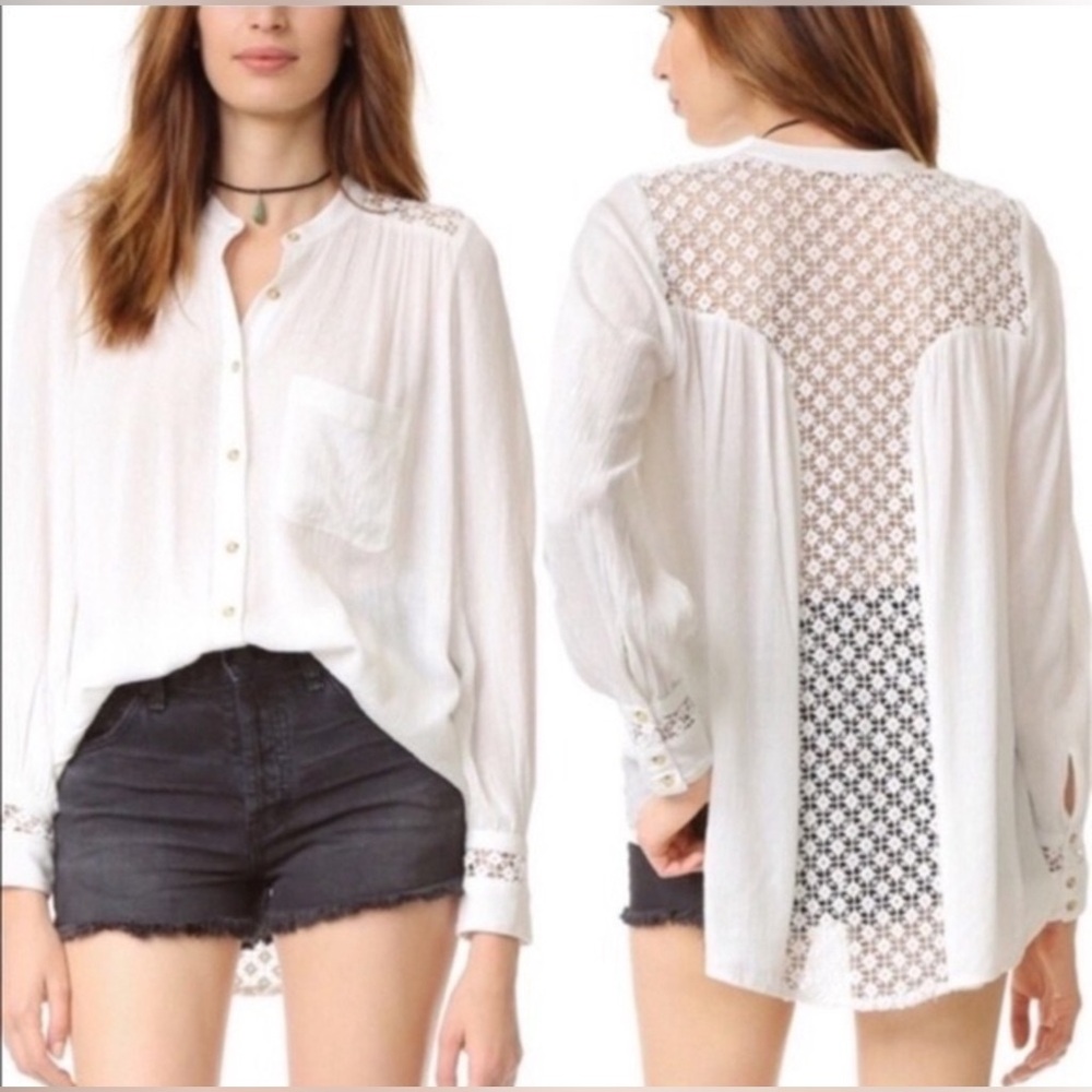 FREE PEOPLE “The Best Shirt” Lace/Crochet Trim Button Down Shirt